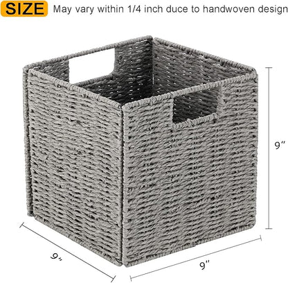Vagusicc Storage Basket, Set of 2 Hand-Woven Paper Rope Wicker Baskets for Storage, Foldable Cube Storage Bins Organizer, 9 inch Medium Wicker Storage Baskets for Shelves Pantry Organizing Decor, Grey