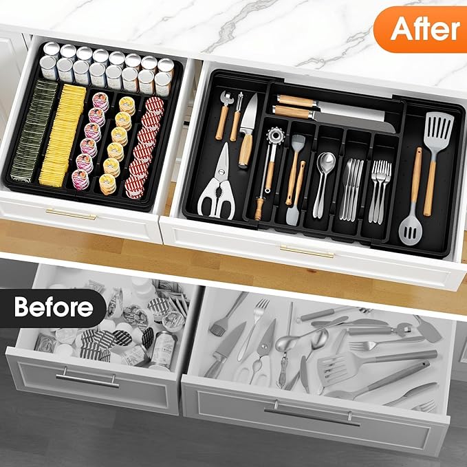 SpaceHacks Silverware Organizer，Adjustable & Expandable Utensil Drawer Organizer, BPA Free Utensil Holder, Cutlery Tray for Forks, Spoons, Knives in Kitchen, Large, Black