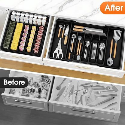 SpaceHacks Silverware Organizer，Adjustable & Expandable Utensil Drawer Organizer, BPA Free Utensil Holder, Cutlery Tray for Forks, Spoons, Knives in Kitchen, Large, Black