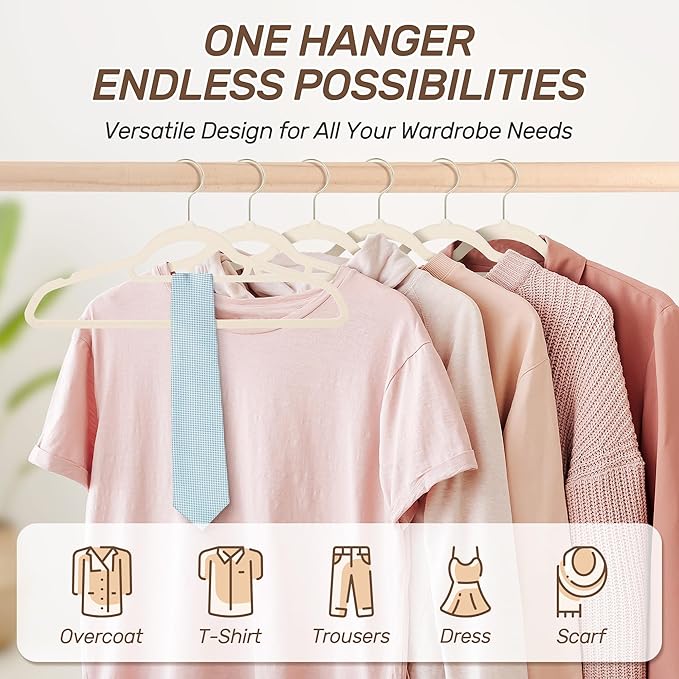 Sishynio Premium Velvet Hangers 30 Pack with Gold Hooks, Non-Slip, Space Saving Felt Clothes Hangers, Sturdy Slim Flocked Hanger for Dresses, Coats, Tie and Pants(Beige)