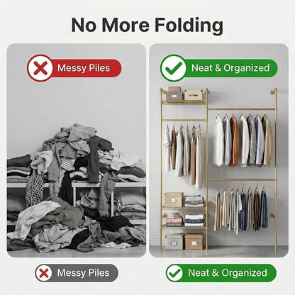 F2 Wall Mounted Closet System, Industrial Pipe Clothing Rack for Hanging Clothes, Heavy Duty Closet Organizer System, Clothes Racks with Shelves & Expandable Rod for Wardrobe, Corner, Gold
