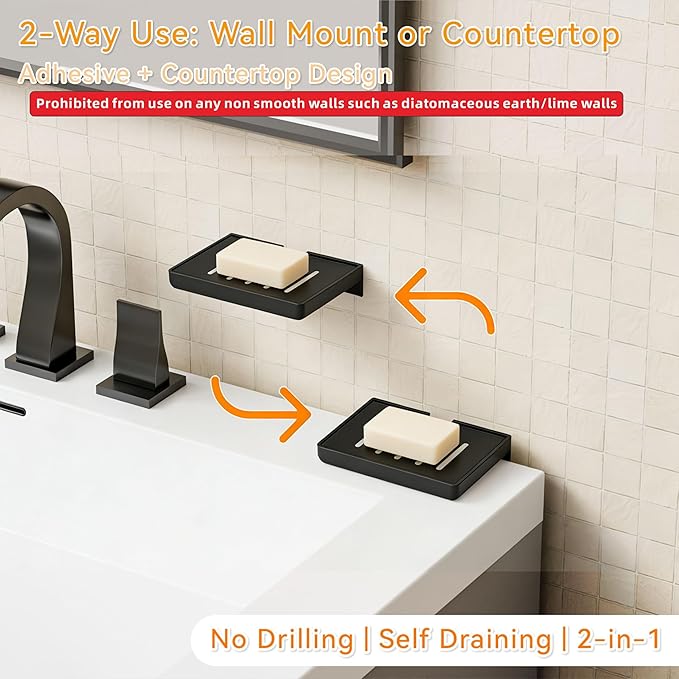 SUOXING 2 Pack Bar Soap Holder for Shower Wall,Self Draining Adhesive Soap Holder,Rustproof Wall Mounted Acrylic Shower Soap Rack & Caddy for Bathroom,Bath,Kitchen,No Drilling PlasticSoap Shelf,Black