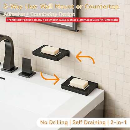SUOXING 2 Pack Bar Soap Holder for Shower Wall,Self Draining Adhesive Soap Holder,Rustproof Wall Mounted Acrylic Shower Soap Rack & Caddy for Bathroom,Bath,Kitchen,No Drilling PlasticSoap Shelf,Black