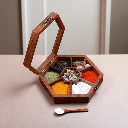Wooden Spice Box, Masala Container, Condiments Storage Case for Kitchen, Multipurpose Decorative Box - Indian Rosewood Crafted
