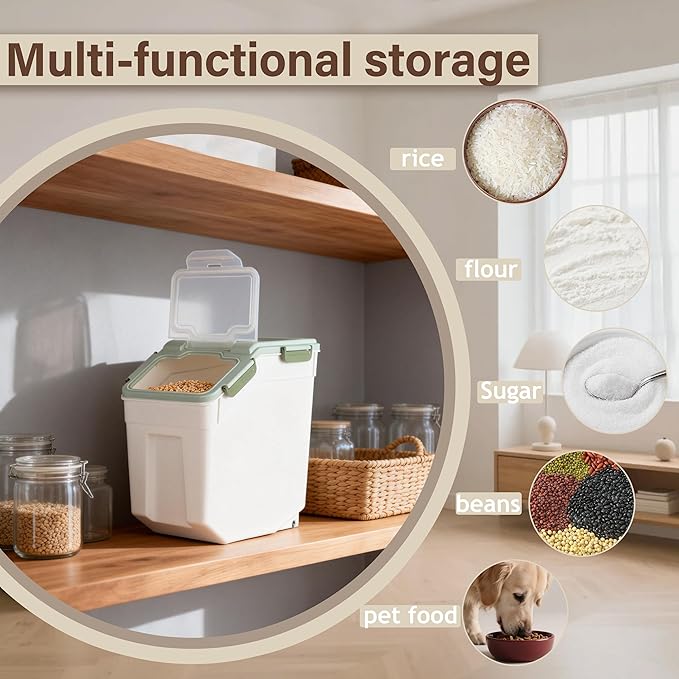 RUIAN Large Airtight Storage Container, 25lb Flour Rice Storage Containers Bin with Wheels Seal Locking Lid, with Measuring Cup&Scoop for Flour, Rice, Grain (Green, 2PCS)