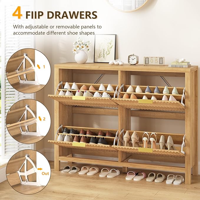 YOMILUVE Shoe Cabinet Storage for Entryway, Fluted Shoe Cabinet with 4 Flip Drawers, Hidden Shoe Rack Freestanding Wooden Shoe Organizer with Legs for Hallway, Oak