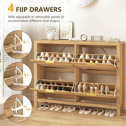 YOMILUVE Shoe Cabinet Storage for Entryway, Fluted Shoe Cabinet with 4 Flip Drawers, Hidden Shoe Rack Freestanding Wooden Shoe Organizer with Legs for Hallway, Oak