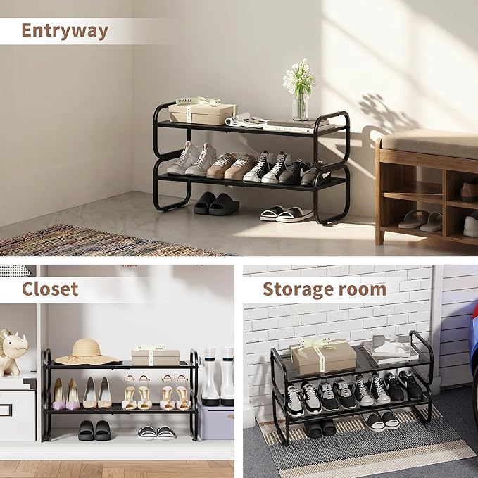 2 Tier Shoe Rack - Expandable Shoe Organizer for Closet, Adjustable Metal Shoe Shelf Storage, Stackable Long Shoe Stand Holder for Garage, Entryway, Door Entrance