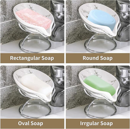 Dobbyby Leaf-Shaped Soap Dish – Ceramic Soap Bar Holder with Self-Drainage System – Bar Soap Holder for Shower, Bathroom Sink, Kitchen – Soap Dish with Stainless Steel Stand (White-Sliver-2 Pack)