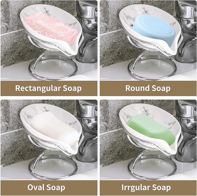 Dobbyby Leaf-Shaped Soap Dish – Premium Ceramic Soap Bar Holder with Self-Drainage System – Bar Soap Holder for Shower, Bathroom Sink, Kitchen – Waterfall Soap Dish with Stainless Steel Stand (SLIVER)