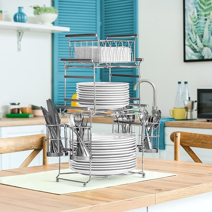 Sorbus Buffet Caddy — 7-Piece Stackable Set Includes Plate, Napkin, and Silverware Holder, 3-Tier Detachable Tabletop Organizer Ideal for Kitchen, Dining, Entertaining, Parties, Thanksgiving (Silver)