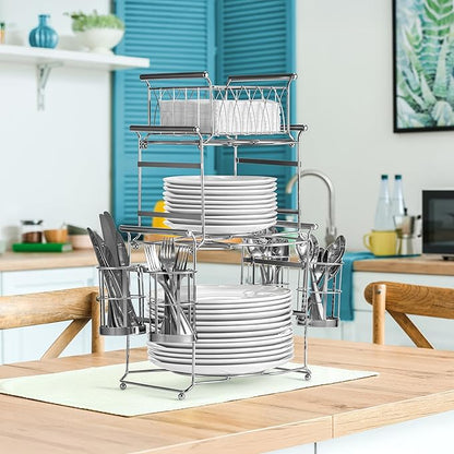 Sorbus Buffet Caddy — 7-Piece Stackable Set Includes Plate, Napkin, and Silverware Holder, 3-Tier Detachable Tabletop Organizer Ideal for Kitchen, Dining, Entertaining, Parties, Thanksgiving (Silver)