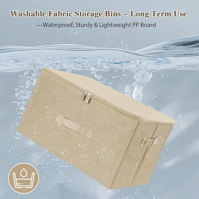ANMINY 2PCS Storage Bins with Zipper Lids 51.9 Qt Lidded Fabric Storage Boxes Baskets Cubes with Handles Collapsible Washable Cotton Linen Closet Shelf Clothes Organizer - Beige, Extra Large