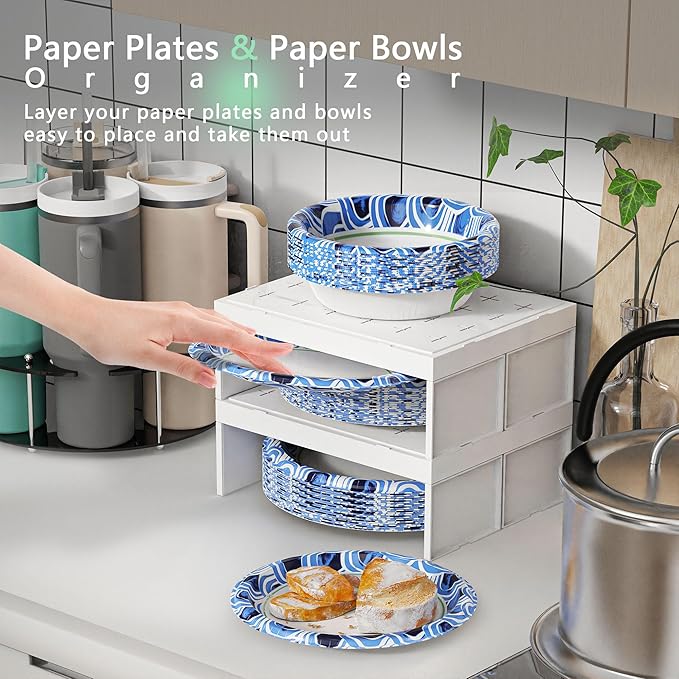 Paper Plate Dispenser and Paper Bowl Dispenser, Space-Saving Plastic, Foam, Disposable Plate and Bowl Organizer, Set of 2 Stackable Kitchen Organizer for Cabinet, Countertop, Shelf (White)