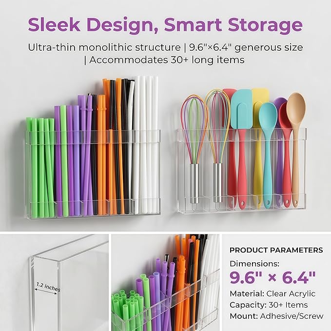 9.6” Large Clear Acrylic Straw Holder, Cabinet Door Straw Organizer with Strong Adhesive Mount, Reusable Tumbler Straw Storage