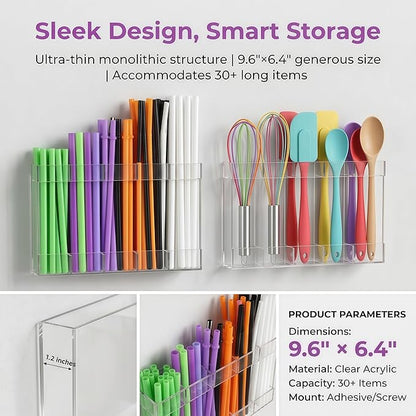 9.6” Large Clear Acrylic Straw Holder, Cabinet Door Straw Organizer with Strong Adhesive Mount, Reusable Tumbler Straw Storage