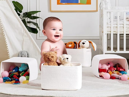 Set of 4 White Rope Basket for Shelves Woven Rectangle Storage Basket Bins for Nursery Toy Storage for Baby Girl 12.7" L x 9" W x 7.8" H