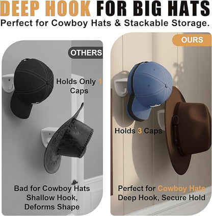 Adhesive Hat Hooks for Wall, 8 Pack, 2.9" Cowboy Hat Rack Prevents Deformation, Hat Hangers with Key Hook for Baseball Caps & Fedora, Drill or Stick, Western Decor Organizer, White