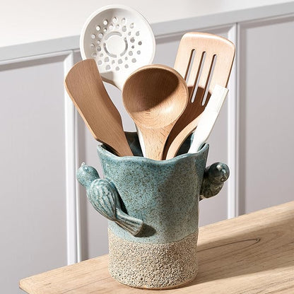 6.38“H Utensil Holder for Kitchen Counter, Modern Farmhouse Cooking Utensil Holder and Crock Home Kitchen Decor, Ceramic Utensil Organizer for Spatula, Ladle, Eggbeater, Rolling Pin- Blue and Brown