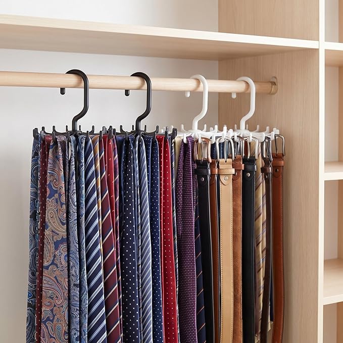 Solustre 4-Pack Rotating Plastic Tie Rack with Belt Hooks Space-Saving Closet Organizer for up to 20 Neckties and Belts Multi-Functional Hanging Storage Solution for Home and Travel