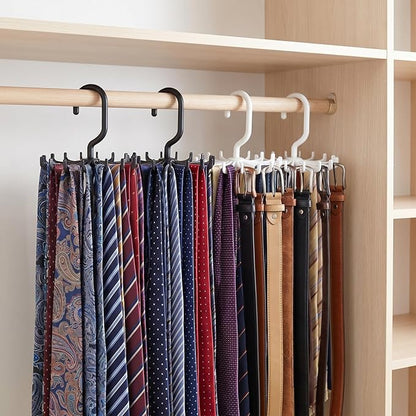 Solustre 4-Pack Rotating Plastic Tie Rack with Belt Hooks Space-Saving Closet Organizer for up to 20 Neckties and Belts Multi-Functional Hanging Storage Solution for Home and Travel
