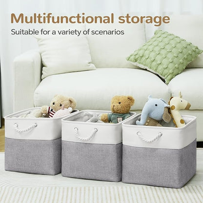 13 x 13 Inch Cube Storage Bins, 6 Pack Fabric Storage Basket with Handles, Foldable Boxes Organizer for Shelf Baskets for Home, Clothes (White/Grey)