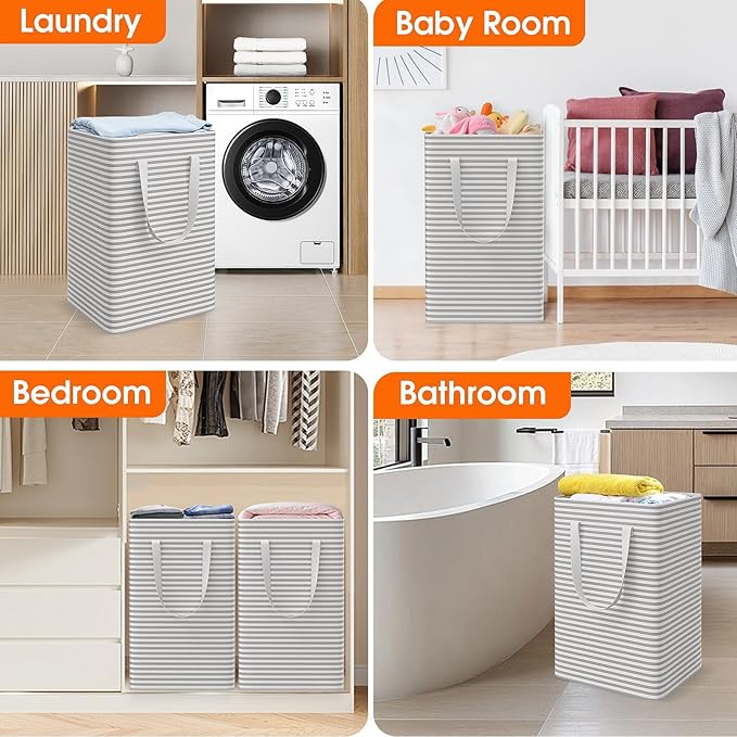 3 Pack Large Laundry Basket,Waterproof & Freestanding Laundry Hamper,Collapsible Clothes Hampers with Easy Carry Long & Reinforced Handles in Bathroom,College Dorm(88Lx3,Gray)