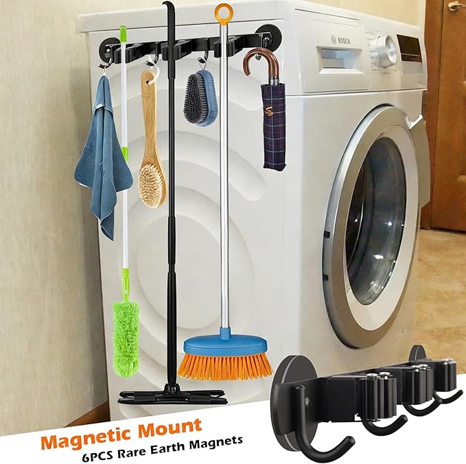 MUTUACTOR Magnetic Broom Holder,Anti-slip Heavy Duty Broom and Mop Hanger Metal Tool Holder 3 Racks and 4 Hooks for Laundry Garage Kitchen Factories Workshops Organization and Storage(1 Set)