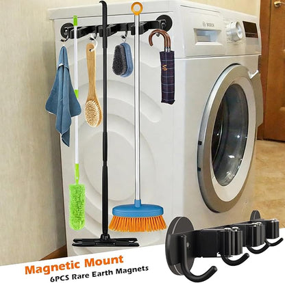 MUTUACTOR Magnetic Broom Holder,Anti-slip Heavy Duty Broom and Mop Hanger Metal Tool Holder 3 Racks and 4 Hooks for Laundry Garage Kitchen Factories Workshops Organization and Storage(1 Set)