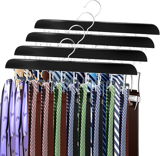 4 Pack Tie Rack & Belt Hanger, 2 in 1 Ties Hanger for Closet, Ties Organizer for Men, Space Saving Necktie Organizer with 20 Hooks, Sturdy Wood Belt & Tie Collection for Closet (Black)