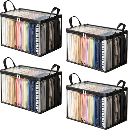 Large Heavy-Duty Thick Plastic Clear Storage Bag for Clothes - Foldable Clear Storage Tote with Reinforced Handles & Zipper for Moving, Dorm, Closet & Underbed Organization (Black,4pcs)