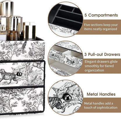 GORESE Leather Makeup Organizer with 3 Drawers for Vanity, Stackable Skincare Holder Dresser Organizer Countertop, Make Up Storage Organizers Counter Cosmetic Display Case Gift for Women(Retro Black)