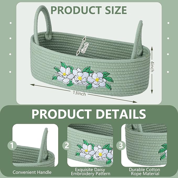 Vesici Magnolia Woven Storage Basket for Toilet Tank Top Boho Cotton Rope Bathroom Countertop Organizer Basket with Handle Green Bathroom Decor for Bedroom Nursery Toys Organizing, 13 x 6 x 4 Inch