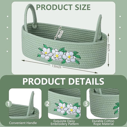 Vesici Magnolia Woven Storage Basket for Toilet Tank Top Boho Cotton Rope Bathroom Countertop Organizer Basket with Handle Green Bathroom Decor for Bedroom Nursery Toys Organizing, 13 x 6 x 4 Inch