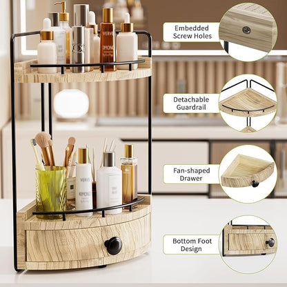 2-Tier Corner Bathroom Counter Organizer with Drawer & Embedded Screw Holes - Wooden Countertop Organizers for Skincare, Makeup Storage, Bathroom Sink Counter Shelf for Vanity, Kitchen, Wood color