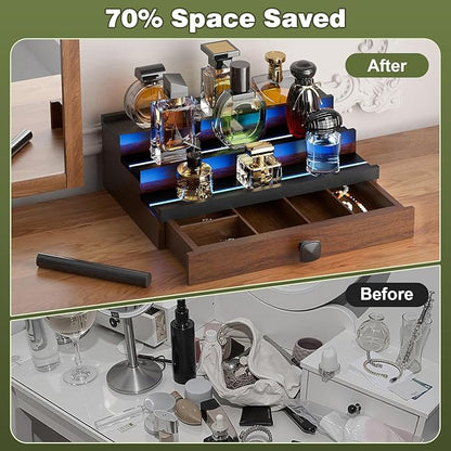 Perfume Cologne Organizer for Men: with LED Light 3 Tier Wooden Perfumes Stand, Desktop Parfum Holder Wood Display Shelf with Cabinet, Bedroom Makeup Lotion Jewelry Storage Rack with Drawer