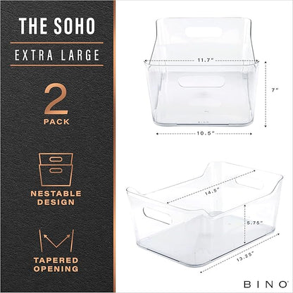 BINO | Plastic Storage Bins, X-Large - 2 Pack, Clear | THE SOHO COLLECTION | Pantry Organizers and Storage Containers Fridge Organizer Bins Kitchen Cabinet Organizer Medicine Cabinet Organizer Bin
