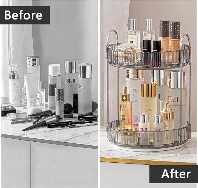 shuang qing Rotating Makeup Organizer for Vanity, High-Capacity Skincare Clear Make Up Storage Perfume Organizers Cosmetic Dresser Organizer Countertop 360 Spinning (Gray, 2 Tier)