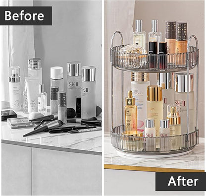 shuang qing Rotating Makeup Organizer for Vanity, High-Capacity Skincare Clear Make Up Storage Perfume Organizers Cosmetic Dresser Organizer Countertop 360 Spinning (Gray, 2 Tier)