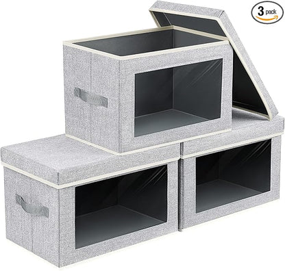 Homsorout Fabric Storage Bins with Lids - 3 Packs Storage Cubes with Window, Foldable Storage Baskets Bins for shelves, Closet Storage Boxes for Towels, Clothes, Home, Office, Blended
