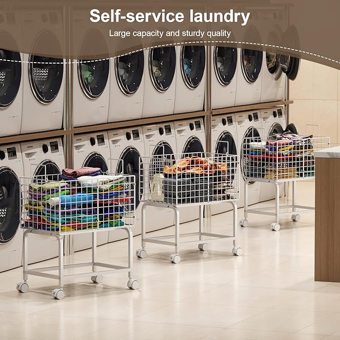 Wire Laundry Cart with Wheels,80L Rolling Laundry Basket Trolley with Pull Handle,White High Laundry Basket Cart for Laundry Room,Bathroom,Bedroom-White(23.6 * 15.75 * 28inch)