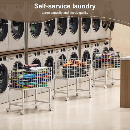 Wire Laundry Cart with Wheels,80L Rolling Laundry Basket Trolley with Pull Handle,White High Laundry Basket Cart for Laundry Room,Bathroom,Bedroom-White(23.6 * 15.75 * 28inch)