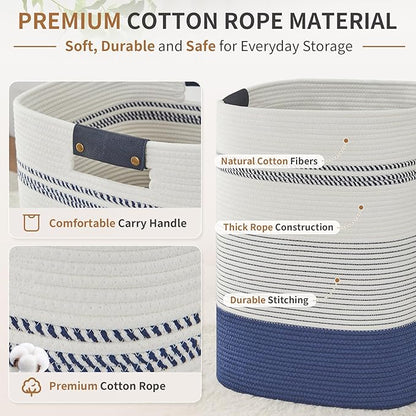AINUOQI Large Laundry Basket - Tall Woven Rope Laundry Hamper with Leather Handles - Dirty Clothes hamper for Living room, Bedroom, 17" X 13.8" X 22", Dark Blue & White