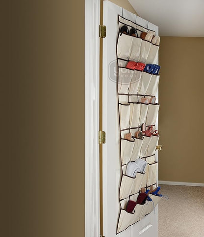 YBM HOME Ybmhome 24 Pocket Fabric Hanging Over The Closet Rod Shoe Storage Rack Organizer with 4 Metal Hanger Hooks Natural w/Brown Trim 2207 (1)