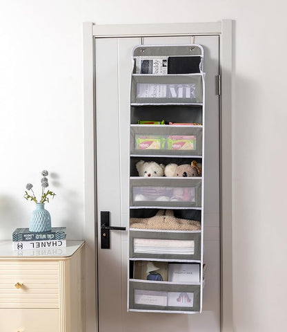 Over The Door Storage Organizer - 5 Shelf Hanging Organizer with 10 Side Pockets, 48 lbs Load Capacity (Anti-Tilt, Clear Windows & Hooks) for Bathroom, Bedroom, Kitchen,Nursery (Grey, 1 Pack)