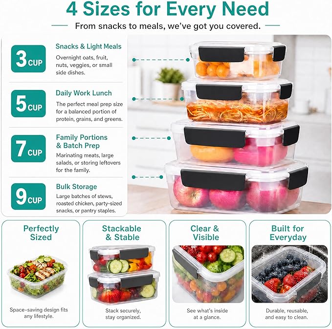 YORY 9 cup Plastic Food Storage Containers with Lids Nestable Freezer Dishwasher Safe Rectangle Meal Prep Container Set,5-Pack
