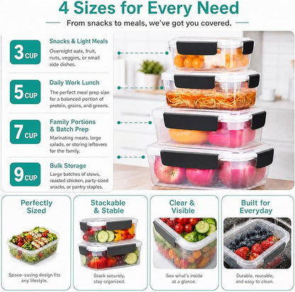 YORY 9 cup Plastic Food Storage Containers with Lids Nestable Freezer Dishwasher Safe Rectangle Meal Prep Container Set,5-Pack