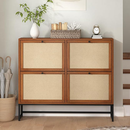 AVZEAR 43" Narrow Shoe Storage Cabinet for Entryway with Natural Linen Panel, Freestanding Slim Shoe Cabinet with 4 Flip Drawers, Wood Shoe Organizer Closed Shoe Rack for Hallway, Living Room(Walnut)