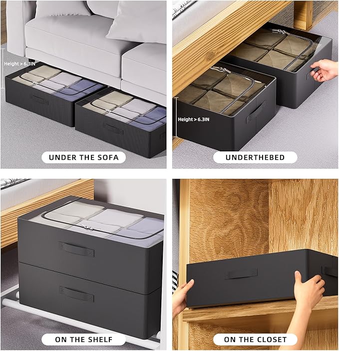 CYhom 3Pcs Under Bed Storage Bins with Metal Frame - Shoe Organizer for Closet with Clear Cover Oxford Fabric Sturdy Underbed Container Foldable Stackable Clothes Organizer (Black, 23.5x11.8x6.3)