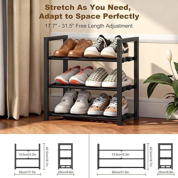 Roylvan 3-Tire Expandable Shoe Rack for Closet, 17"-31" Adjustable Free Standing Shoe Shelf Storage Fits 6-12 Pairs Shoes, Heavy Duty Reinforced Metal Shoes Organizer for Entryway Doorway Dorm